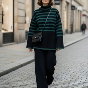 Black Striped Knit Turtleneck & Wide-Leg Pants Set – Effortless Chic